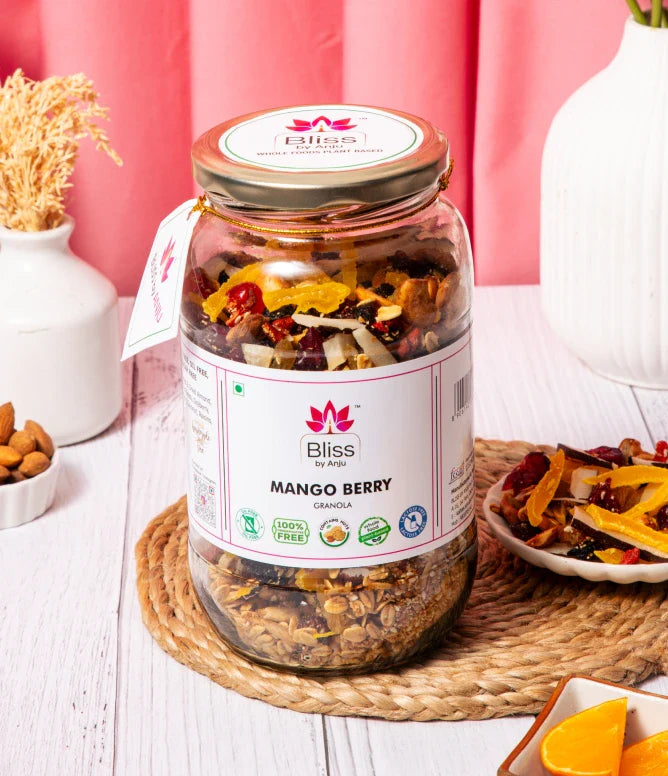 Granola | Mango Berry Granola - Plant Based Whole Food - Oil Free, No Added Preservatives, Lactose Free &amp;amp; Diabetic Friendly - Bliss Box Foods - 500gm
