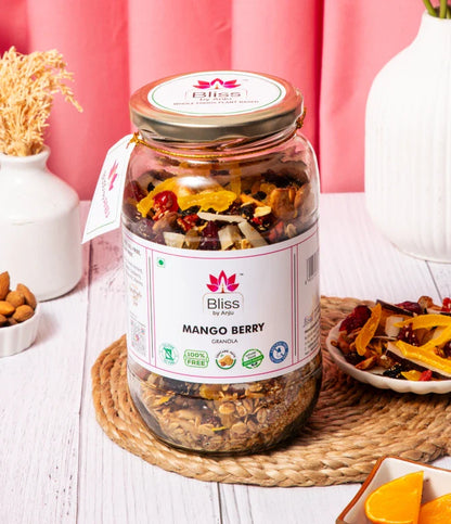 Granola | Mango Berry Granola - Plant Based Whole Food - Oil Free, No Added Preservatives, Lactose Free &amp;amp; Diabetic Friendly - Bliss Box Foods - 500gm