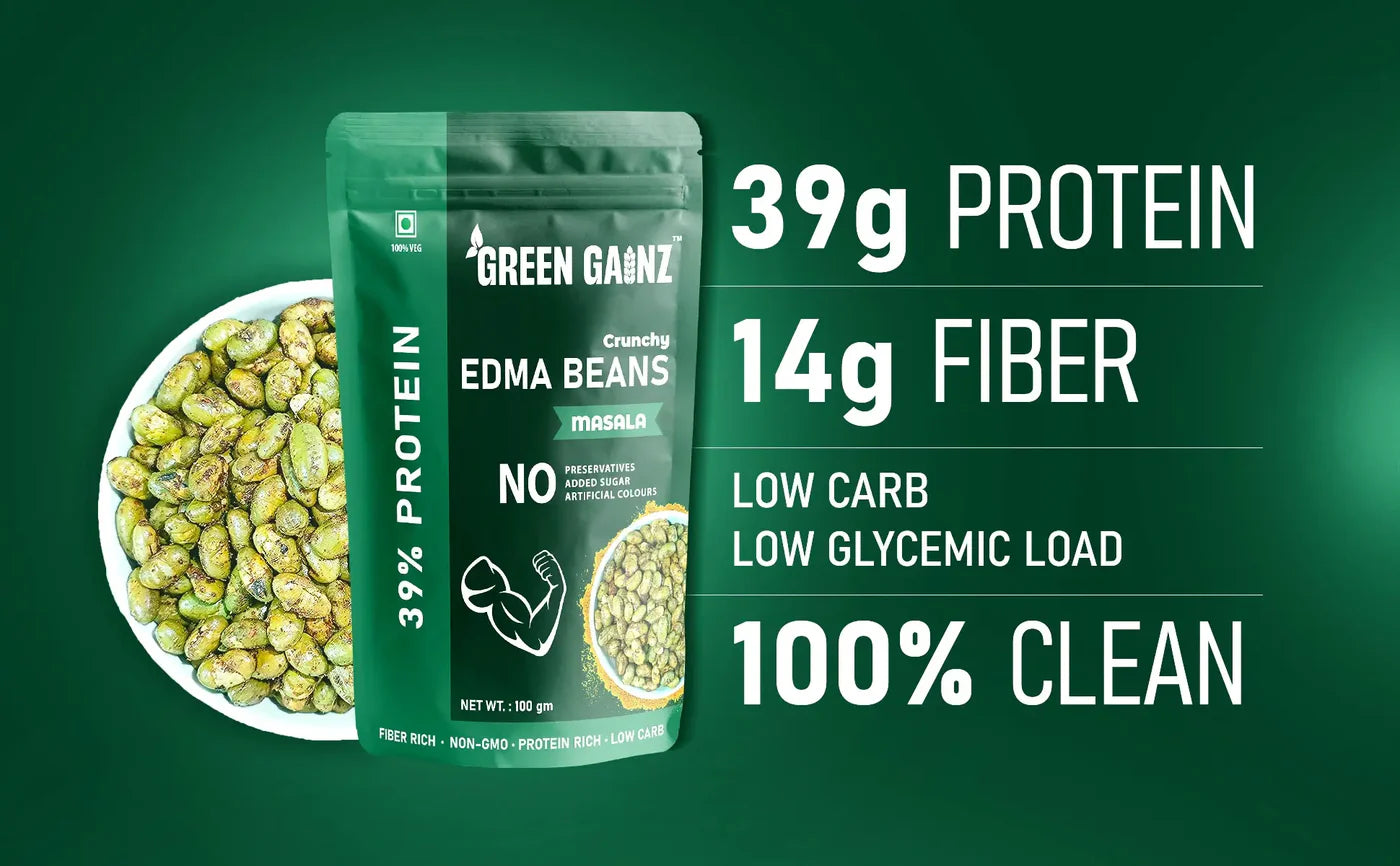 Edama Beans | Crunchy &amp; Roasted  (Masala) Edma Beans- 39% Protein Per Serving - Fiber Rich, Protein Rich - Low Carb- No Added Preservatives &amp; Sugar  - Green Gainz- 100gm