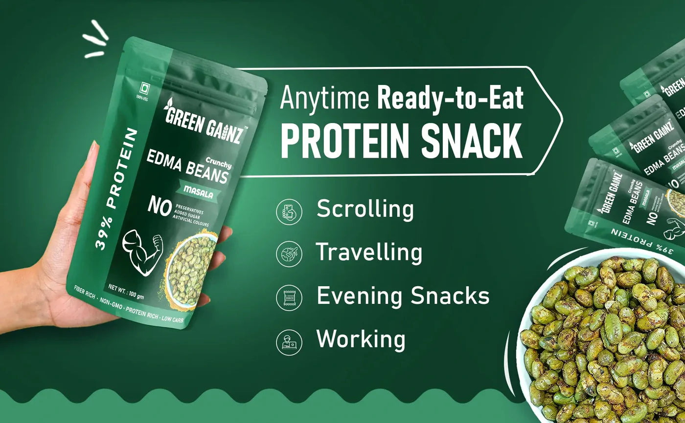 Edama Beans | Crunchy &amp; Roasted  (Masala) Edma Beans- 39% Protein Per Serving - Fiber Rich, Protein Rich - Low Carb- No Added Preservatives &amp; Sugar  - Green Gainz- 100gm