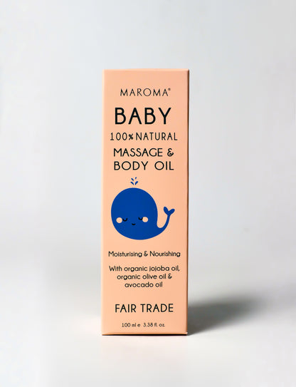 Massage &amp; Body Oil | For Baby (With Organic Jojoba Oil, Organic Olive &amp; Avocado Oil) - Moisturising &amp; Nourishing - 100% Natural - Vegan, Cruelty Free, Palm Oil Free, No Parabens, Silicone, Synthetic Fragrances &amp; No Artificial Color - Maroma - 100ml