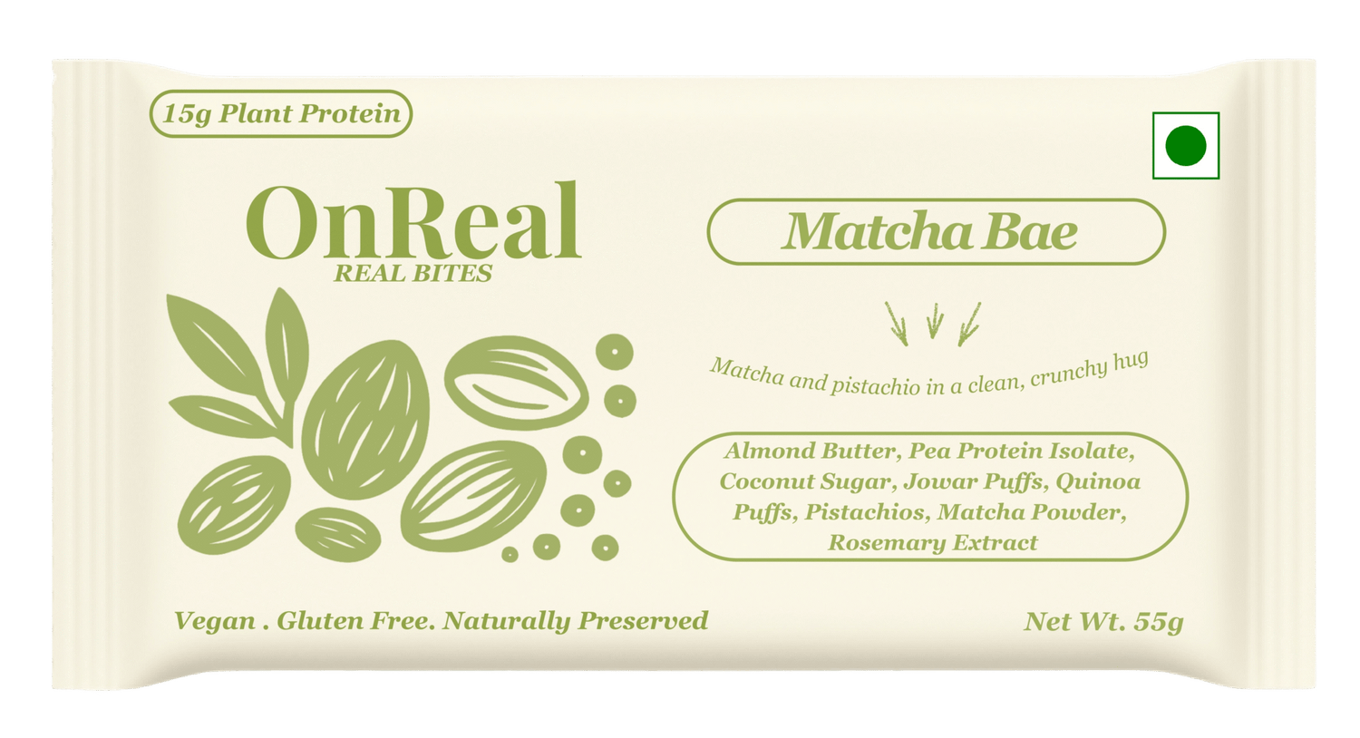 Bar | Matcha Bae (Match and pistachio in a clean,Crunchy) - 15g Plant Protein  – Vegan, Gluten Free , Naturally Preserved – OnReal 55gm