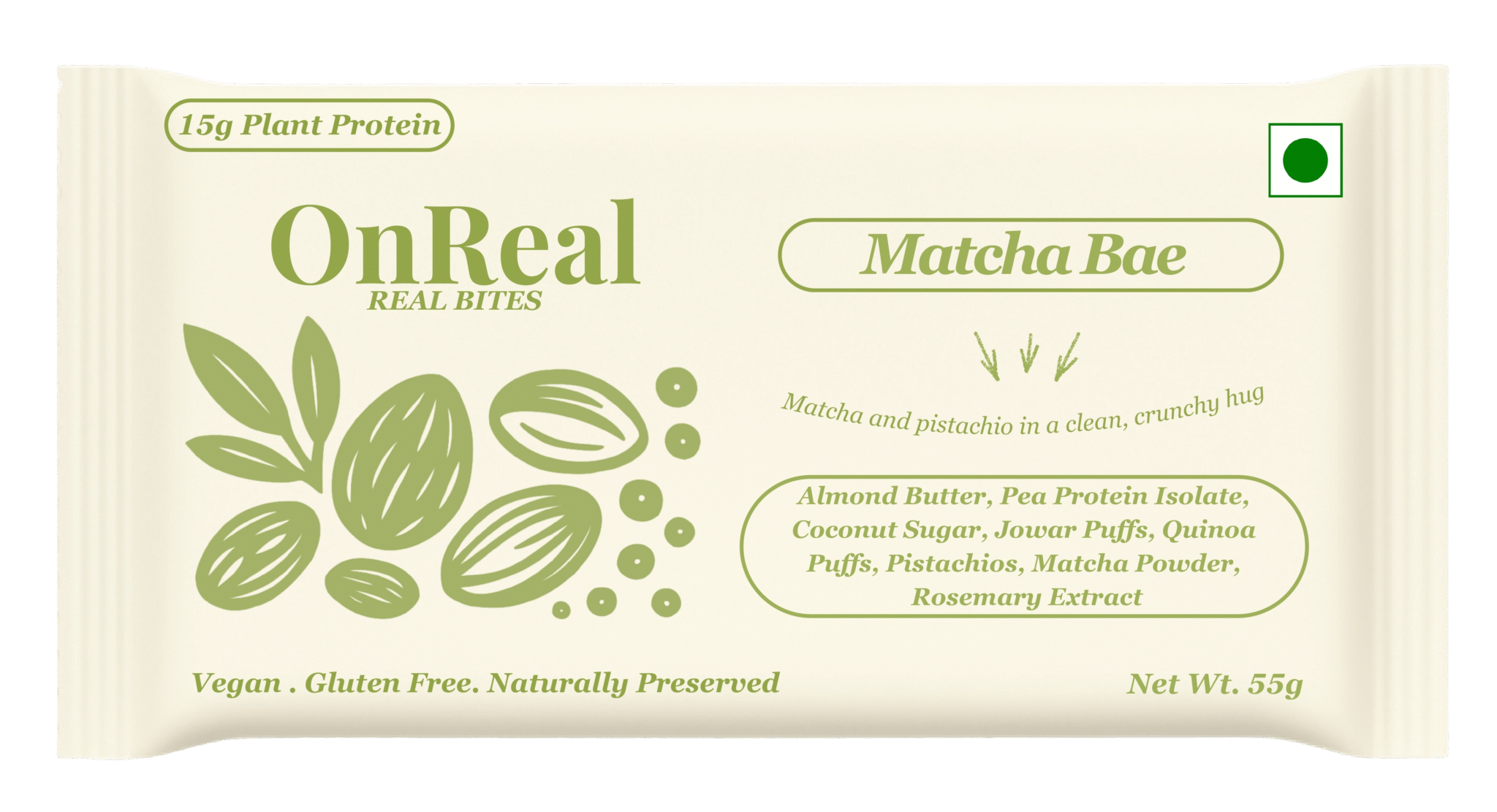 Bar | Matcha Bae (Match and pistachio in a clean,Crunchy) - 15g Plant Protein  – Vegan, Gluten Free , Naturally Preserved – OnReal 55gm