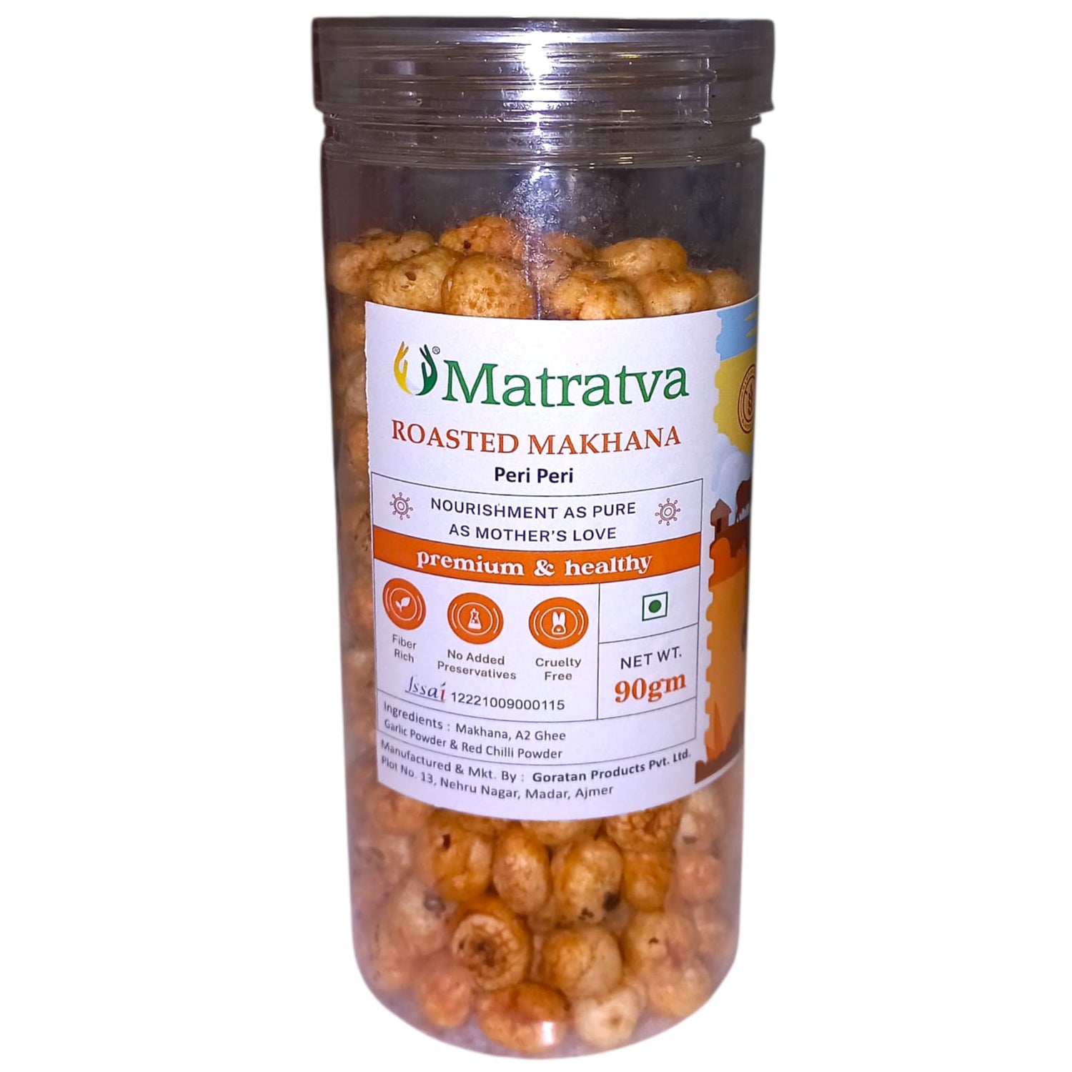 Makhana | Roasted Makhana (Peri Peri) - Made In A2 Ghee - Premium &amp; Healthy - Made With Organic Ingredients - Healthy - Not Fried - Gluten Free, Cruelty Free, High In Fibre &amp; No Added Preservatives - Matratva - 90gm