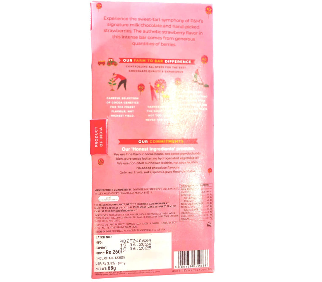 Milk Chocolate | Fine Milk Strawberry Chocolate - No added Vanilla And Chocolate Flavors, Non GMO & No Palm Oil - Paul & Mike - 68gm