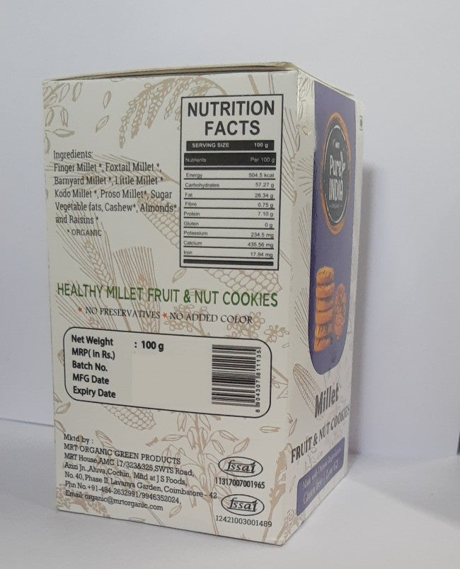 Cookies | Millet (Fruits And Nuts) - Gluten Free, Low Gi, Rich Source Of Vitamin A, Vitamin B, Phosphorus, Potassium &amp; Antioxidants - Mrt Organics - 100gm