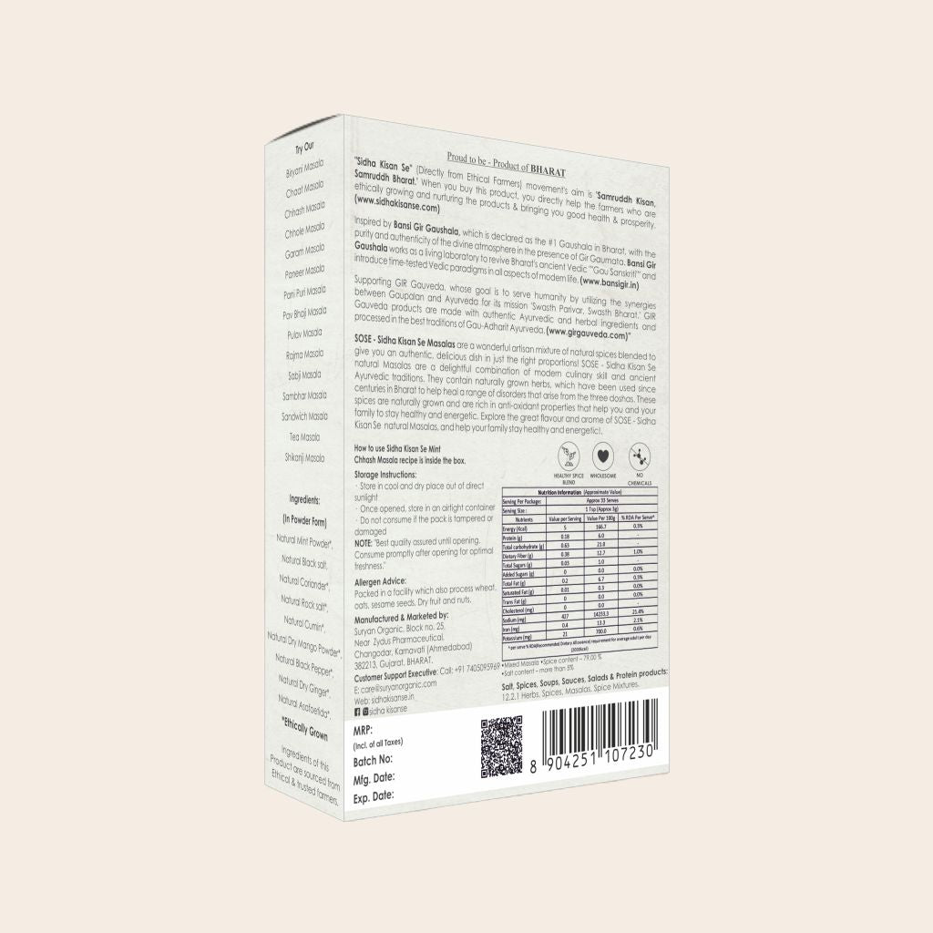 Chhash Masala | Mint Chhash Masala (Made With Ethical Ingredients) – Cold Pressed Grinded Spices – No Added Preservatives &amp; Chemical Free – SOSE – 100gm