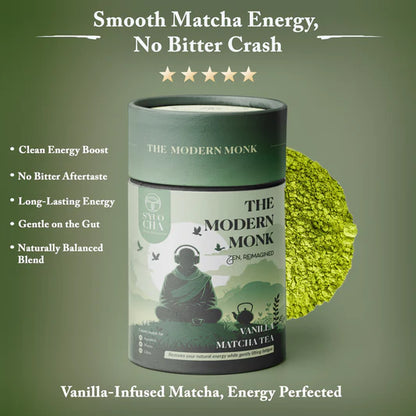 Tea | The Modern Monk - Vanilla Matcha Tea- Natural Long Lasting Energy Tea-Fresh Aroma-No Artificial Coloring- No Added Preservatives - Syuo Cha - 50gm