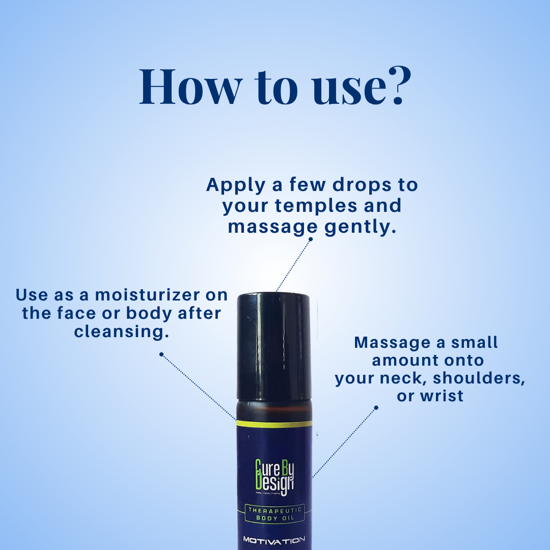 Body Oil | Theraputic Body Oil (Motivation) - Infused With Hemp Seed Oil - Cure By Design - 10ml