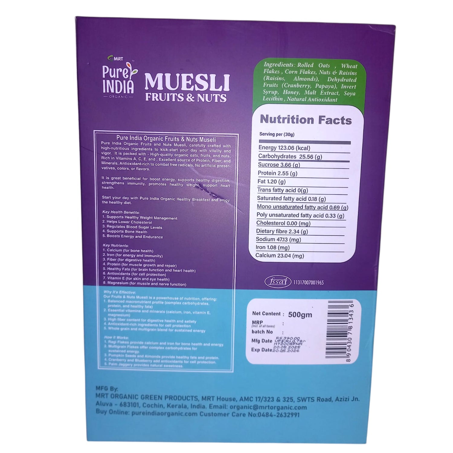 Muesli | Fruits &amp; Nuts Muesli – Supports Bone Health – High In Antioxidant And Whole Grain &amp; No Added Preservatives – Mrt Organic – 500gm