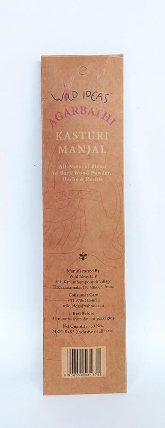 Kasturi Manjal Agarbathi - Incense Stick with Essential Oil-All Natural Blend of Bark Wood Powder  – Wild Ideas –  30 Sticks Pack