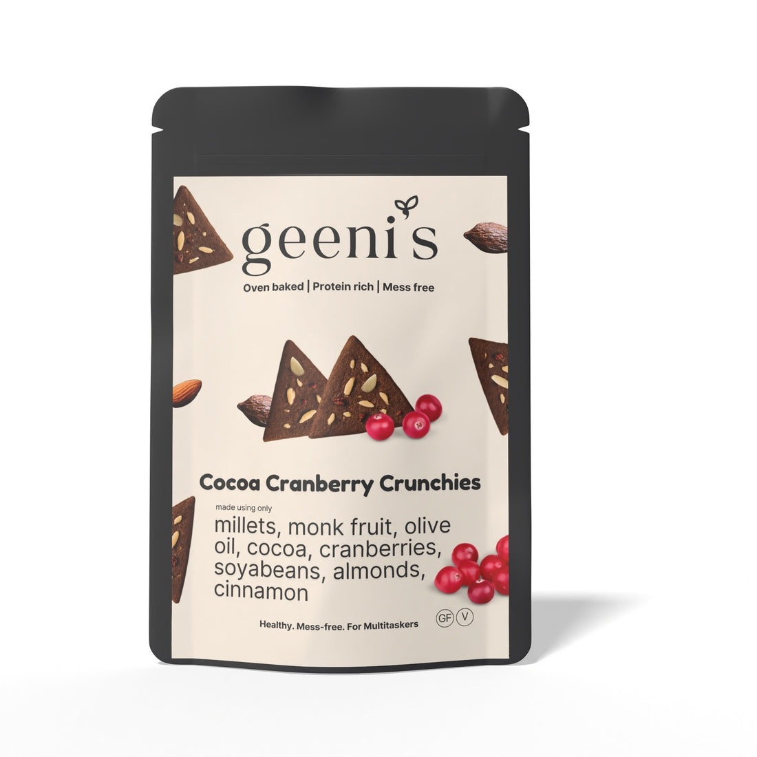 Crunchies | Cocoa Cranberry Crunchies - Oven Baked - Vegan, Gluten Free, High In Protein, Mess Free, No Preservatives, Additives &amp; No Added Artificial Ingredients - Geenis - 50gm