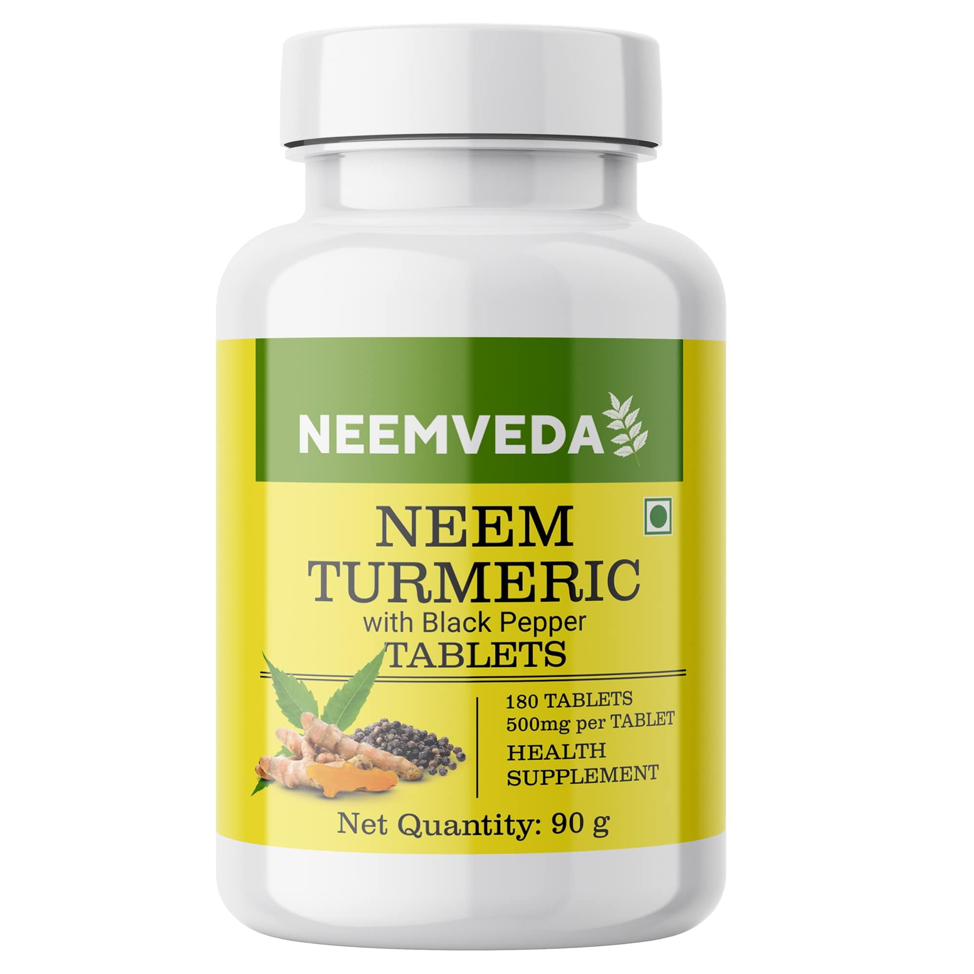 Tablets |Neem Turmeric with Black Pepper (500mg per Tablet) -Made with Pure Turmeric Root Powder- Neem Leaf Power-No Artificial Color, Flavors, Non-GMO – Neemveda – 90gm (180 Tablets)