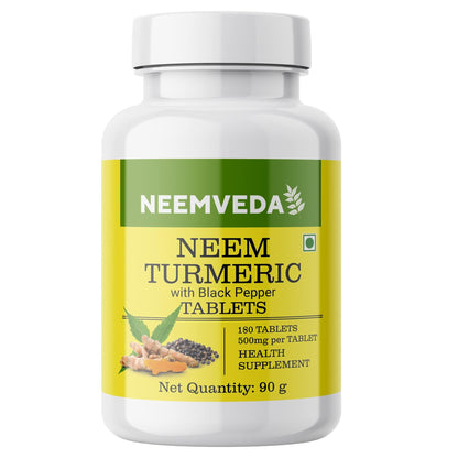 Tablets |Neem Turmeric with Black Pepper (500mg per Tablet) -Made with Pure Turmeric Root Powder- Neem Leaf Power-No Artificial Color, Flavors, Non-GMO – Neemveda – 90gm (180 Tablets)