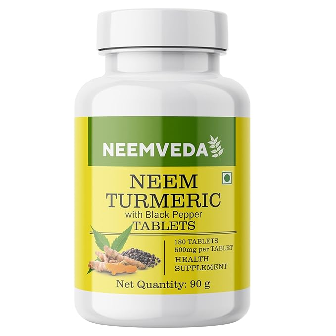 Tablets |Neem Turmeric with Black Pepper (500mg per Tablet) -Made with Pure Turmeric Root Powder- Neem Leaf Power-No Artificial Color, Flavors, Non-GMO – Neemveda – 90gm (180 Tablets)