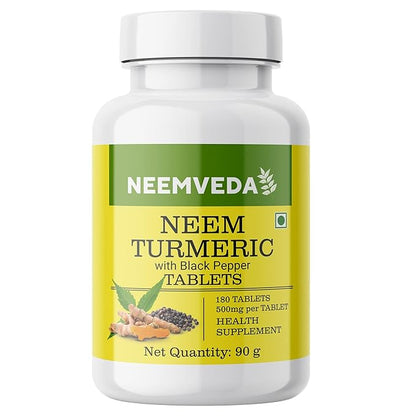 Tablets |Neem Turmeric with Black Pepper (500mg per Tablet) -Made with Pure Turmeric Root Powder- Neem Leaf Power-No Artificial Color, Flavors, Non-GMO – Neemveda – 90gm (180 Tablets)