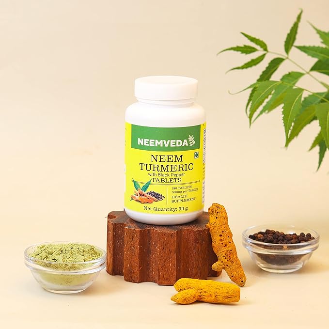 Tablets |Neem Turmeric with Black Pepper (500mg per Tablet) -Made with Pure Turmeric Root Powder- Neem Leaf Power-No Artificial Color, Flavors, Non-GMO – Neemveda – 90gm (180 Tablets)
