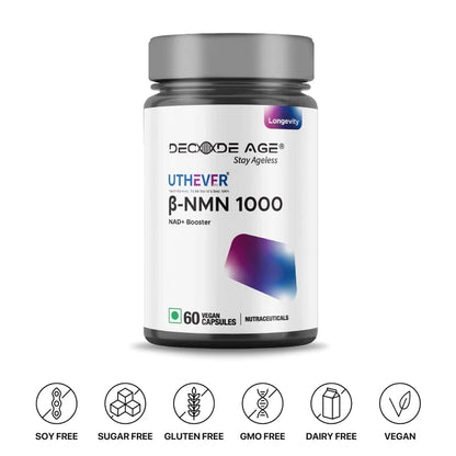 B Nmn 1000 | (Nad+ Booster) - Vegan, Gluten Free, Sugar Free, Non GMO &amp;amp; Dairy Free – Decode Age – (500mg) - 60 Capsules