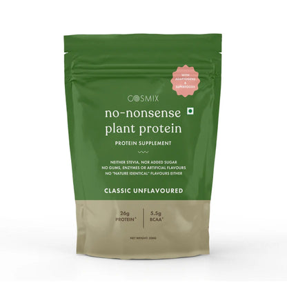 Protein Powder | Plant Protein – No Nonsense - (Classic Unflavored) - 26gm Protein Per Serving –  Gut Friendly, Lactose Free, No Trans Fat, Soy Free, No Added Sugar, Stevia, Gums, Enzymes &amp;amp; No Added Artificial Flavours - Cosmix – 500gm
