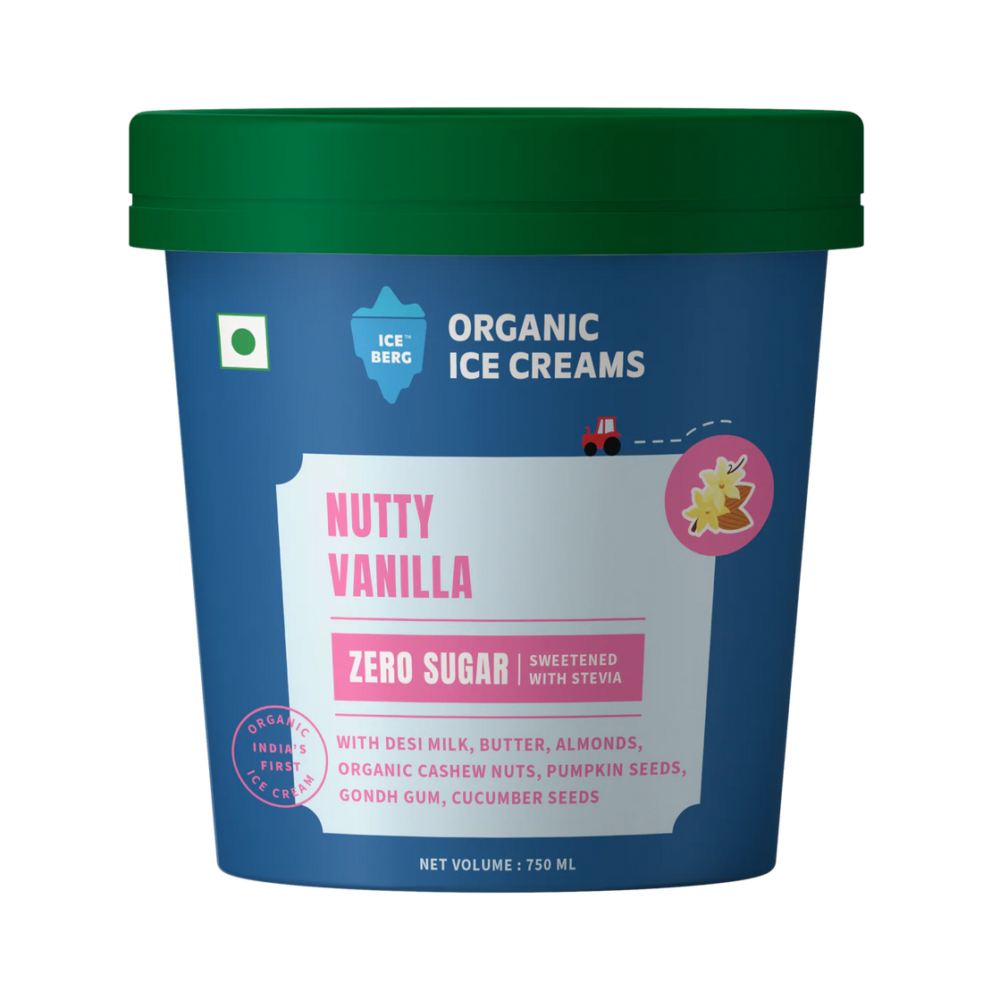 Ice Cream | Nutty Vanilla Ice Cream (Zero Sugar, Sweetened with Stevia ) -Made From Desi Milk, Gondh Gum, Organic Butter, Nutty Vanilla - Churned with authentic & Real Ingredients - Iceberg Organic Ice Cream - 750ml