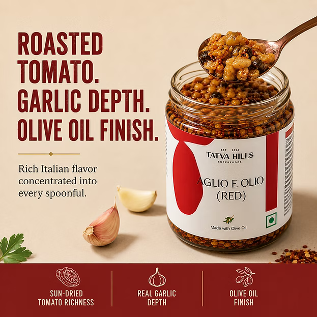 Red Aglio e Olio-Tomato Garlic Olive Oil Sauce-For Pasta, Bruschetta, Marinades – No Added Preservatives &amp; Additives Free – Tatva Hills – 165gm