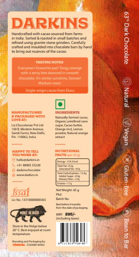 Dark Chocolate | 63% Dark Chocolate with Orange – Vegan &amp;amp; Gluten Free - Darkins – 65gm