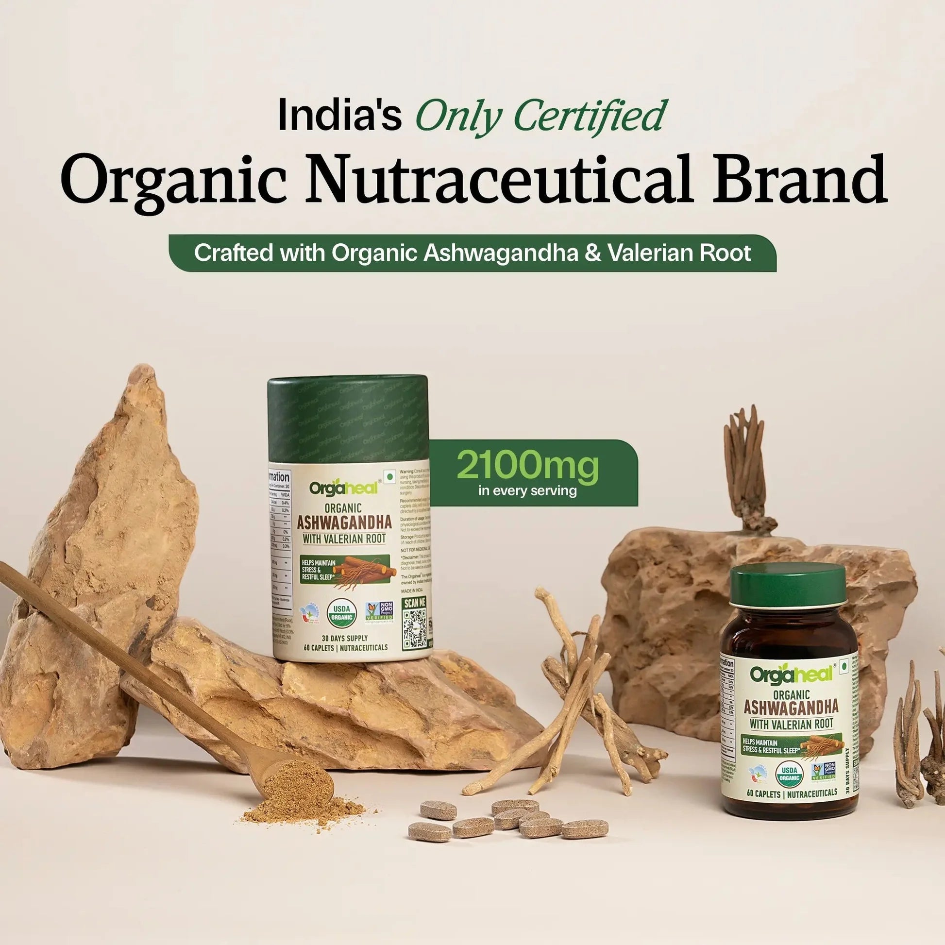 Organic Ashwagandha with Valerian Root - Supports Mental Clarity &amp; Promotes Energy - USDA Organic - - Orgaheal -60 Caplets