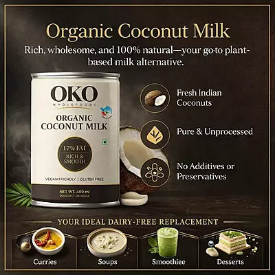 Milk | Organic Coconut Milk- Rich &amp; Smooth (17 % Fat) - Gluten Free, Vegan- Certified Organic -No Preservatives- OKO Whole Food - 400ml