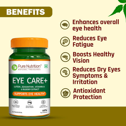Eye Care+ | Lutein, Zeaxanthin, Vitamin A &amp; Bilberry - Support Eye Health, Improve Night Vision, Reduce Digital Strain, Support Retina Health- Pure Nutrition- 60 Veg Capsules