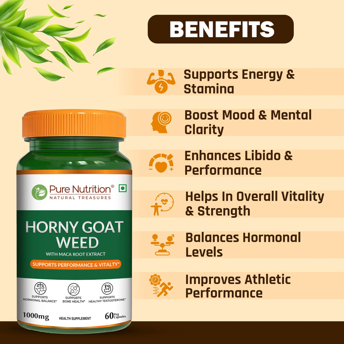 Horny Goat Weed | Maca Root Extract - Support Hormonal Balance, Support Bone Health - Pure Nutrition - 1000mg - 60 Veg Capsules