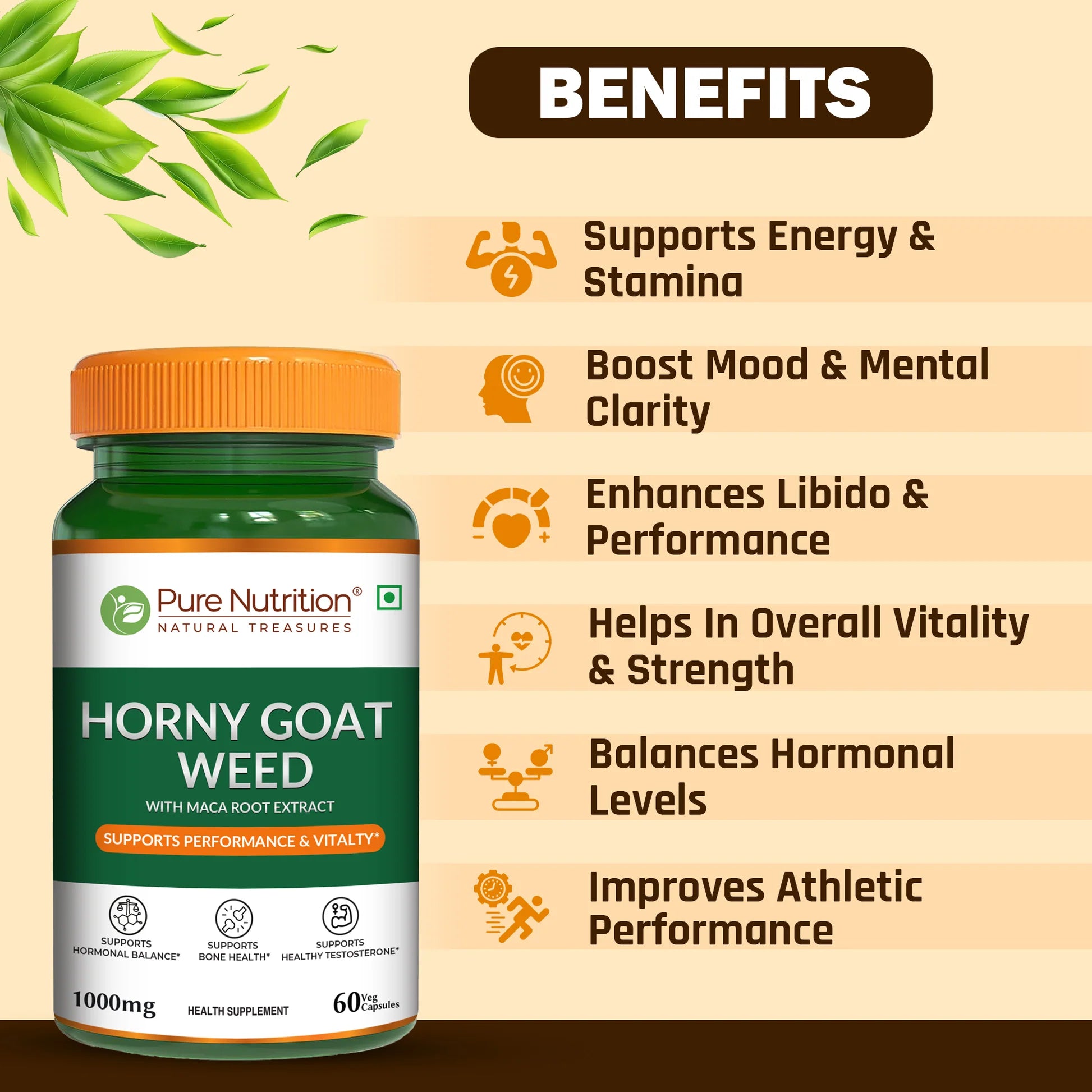Horny Goat Weed | Maca Root Extract - Support Hormonal Balance, Support Bone Health - Pure Nutrition - 1000mg - 60 Veg Capsules