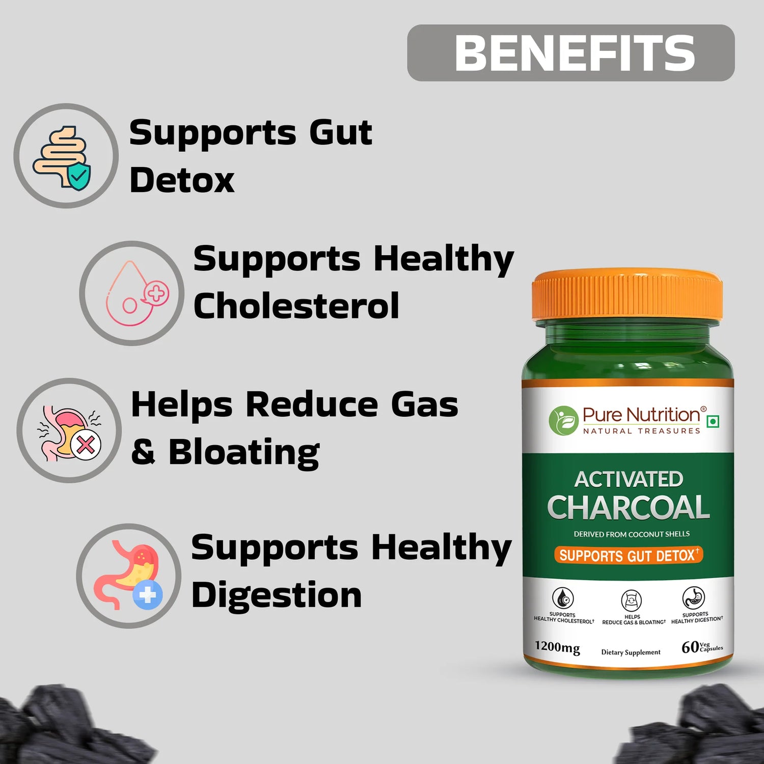 Gut Detox | Activated Charcoal (Supports Gut Detox) -Derived From Coconut Shells-1200mg-Supports Healthy Digestion – Improve  Digestive Environment -Free from Added Preservatives or Artificial Colors - Pure Nutrition - 60N Veg Capsules