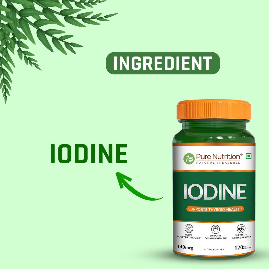 Thyroid Health | Iodine Supplement (Support Thyroid Health)  – Plant-Based– Helps Maintain Essential Mineral Balance – Pure Nutrition – 140mcg – 120 Veg Capsules