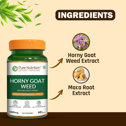 Horny Goat Weed | Maca Root Extract - Support Hormonal Balance, Support Bone Health - Pure Nutrition - 1000mg - 60 Veg Capsules
