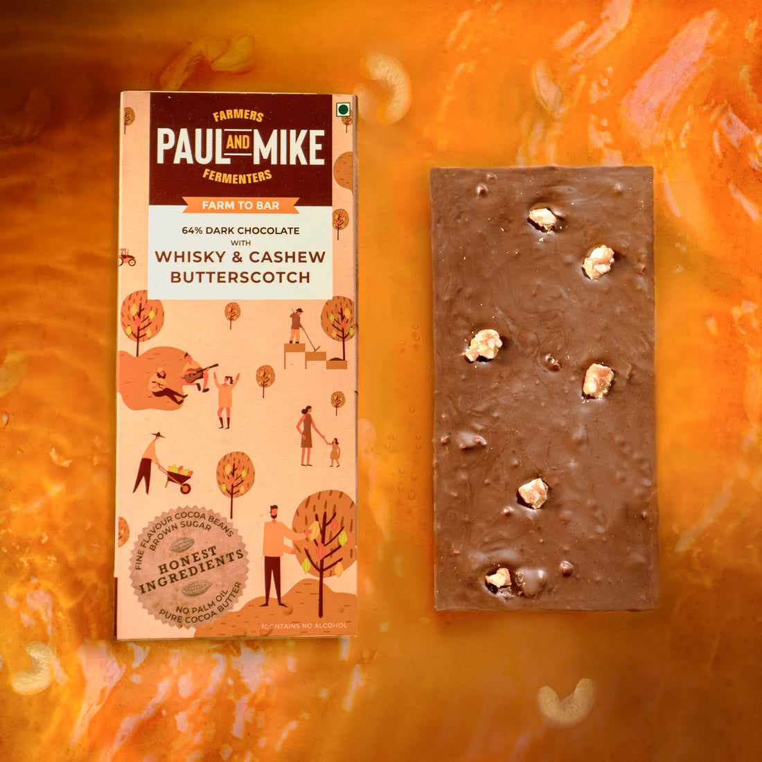 Dark Chocolate | 64% Dark Whisky & Cashew Butterscotch Chocolate -Non-GMO Sunflower Lecithin - No Added Vanilla, Chocolate Flavors Or Nothing Artificial - Paul And Mike - 68gm