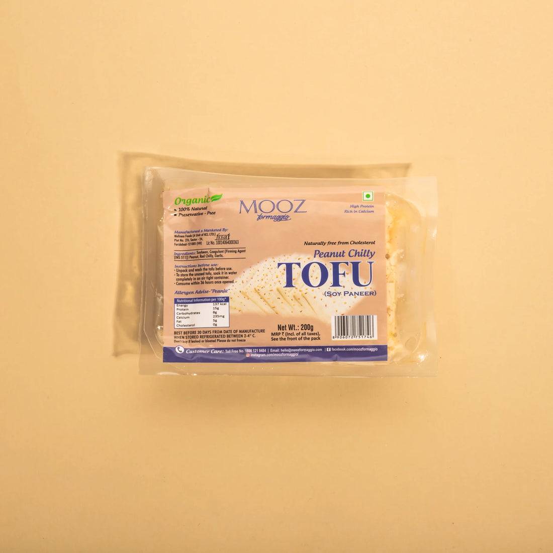 Tofu | Organic Peanut Chilly Tofu - Soy Paneer - High In Protein And Calcium - Mooz - 200gm