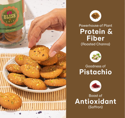 Cookies | Channa Sattu Pistachio Protein Cookies with Saffron-Gluten Free – No Refiend Flour- No OIL - Dairy Free- Bliss Box Foods – 350gm