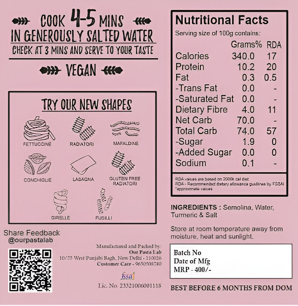 Pasta | Eggfree Gigli Pasta (Semolina &amp;amp; Turmeric) – 100% Semolina – No Maida &amp;amp; No Added Preservatives - Our Pasta Lab – 250gm