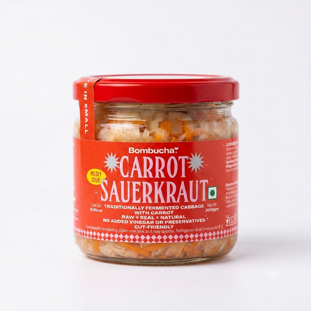 Carrot Sauerkraut | Traditionally Fermented Probiotic Cabbage - With Carrot - Raw - Real - Natural - Vegan, No Added Vinegar &amp; No Added Preservatives - Bombucha - 300gm