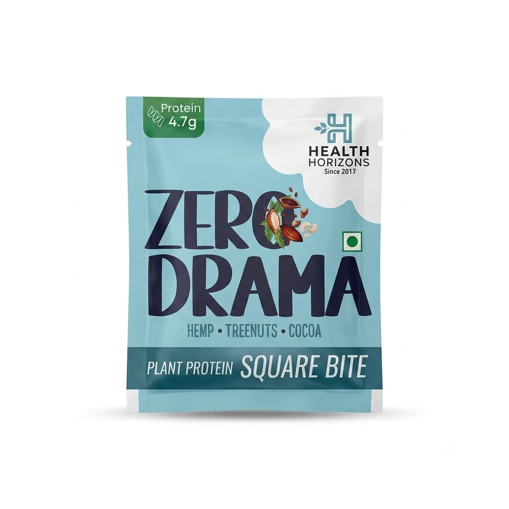 Plant Protein Square Bite | Zero Drama (Hemp, Treenuts, Cocoa) -Plant Protein Square Bite- Vegan, No Added Sugar, Soy Free &amp; No Additives - Health Horizon - 25gm