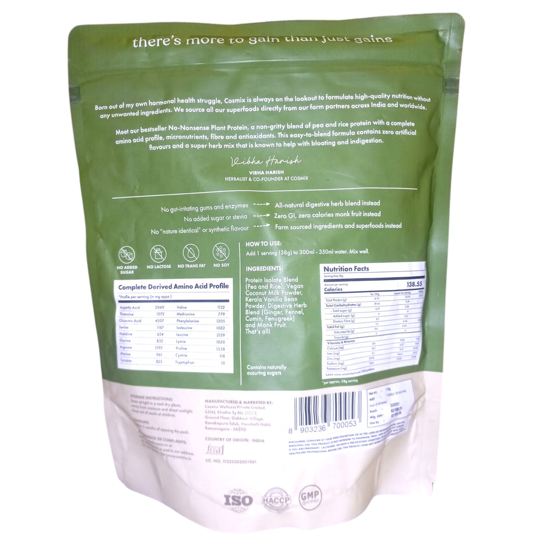 Protein Powder | Plant Protein – No Nonsense – Kerala Vanilla Bean – 24gm Protein Per Serving – Vegan, Gluten Free, Soy Free, No Trans Fat, No Added Sugar, Gums, Enzymes & No Added Artificial Flavours – Cosmix – 1000gm