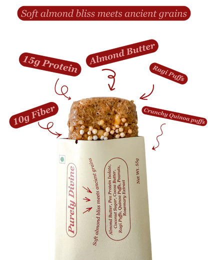 Bar | Purely Divine (Soft Almond bliss meets ancients Grains) - 15g Plant Protein  – Vegan, Gluten Free , Naturally Preserved – OnReal 55gm