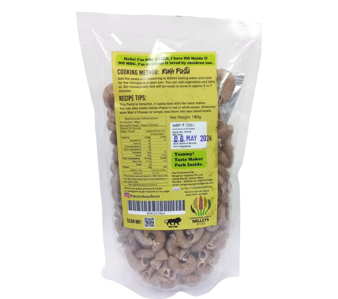 Ragi Pasta | Not Fried - High In Protein, Fibre, No MSG &amp;amp; No Added Preservatives - The Cowboys Farm - 180gm