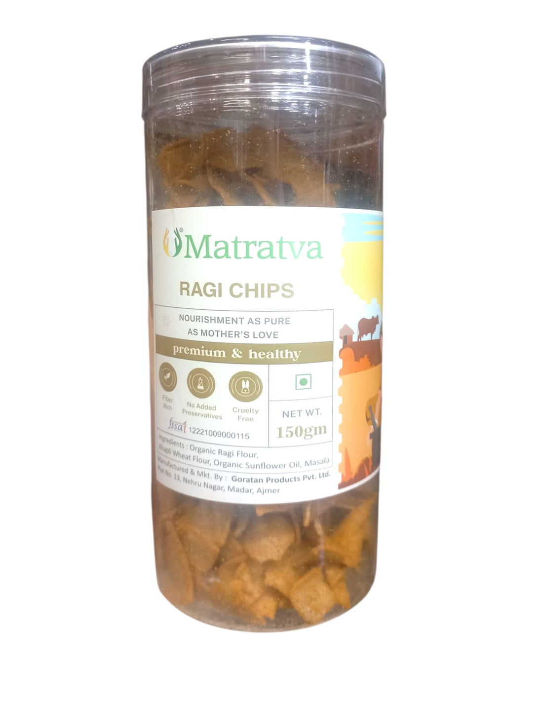 Ragi Chips | Made With Organic Ingredients - Healthy - Not Fried - Gluten Free, Cruelty Free, High In Fibre & No Added Preservatives - Matratva - 150gm