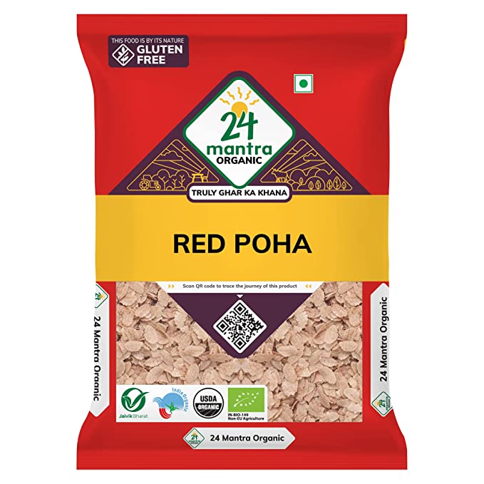 Poha | Red - USDA Organic - Vegan, Gluten Free, Non Gmo, Good Source Of Protein, No Preservatives &amp;amp; Anti-oxidant rich - 24 mantra - 500gm