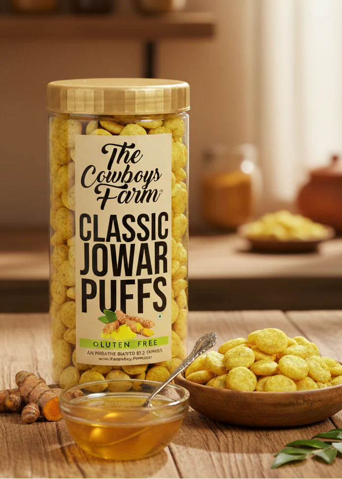 Puffs | Classic Jowar Puffs - Baked - Gluten Free, No Palm Oil &amp; No Added Preservatives - The Cow Boys Farm – 170gm