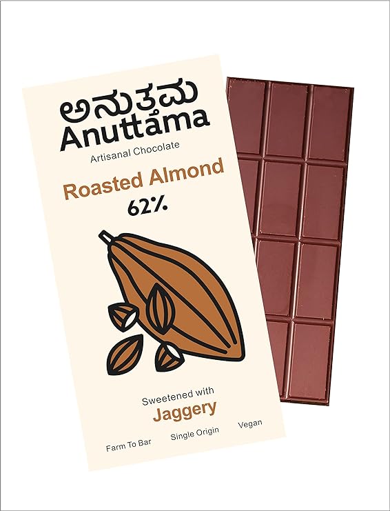 Chocolate | Roasted Almond (Sweetened With Jaggery) – 62% Cocoa - Farm To Bar – Single Origin – Vegan, No Added Preservatives &amp; No Added Artificial Flavours – Anuttama Artisanal Chocolate – 50gm