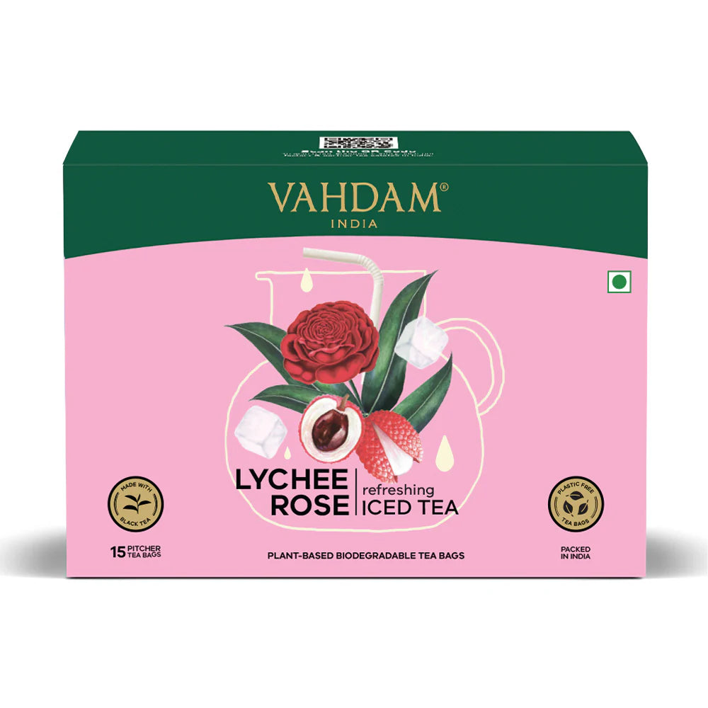 Tea | Lychee Rose Refreshing Iced Tea – Fruity, Floral & Refreshing Notes – Low Caffeine – Vahdam – 15 Pitcher Tea Bags
