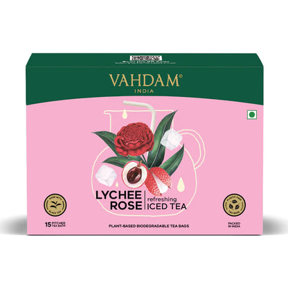 Tea | Lychee Rose Refreshing Iced Tea – Fruity, Floral &amp; Refreshing Notes – Low Caffeine – Vahdam – 15 Pitcher Tea Bags