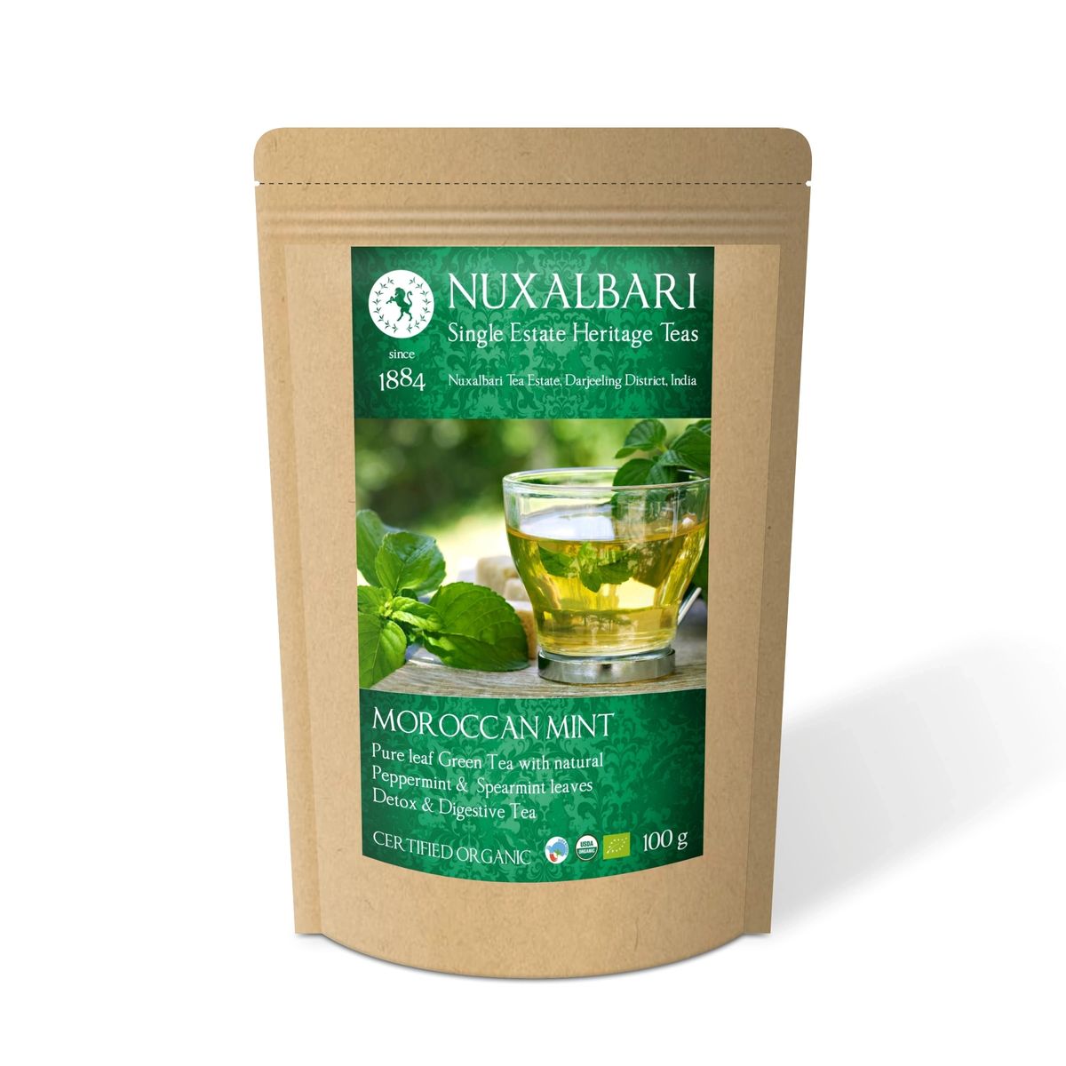 Tea | Moroccan Mint Leaf - Pure Leaf Green Tea (With Natural Peppermint &amp;amp; Spearmint Leaves Detox &amp;amp; Digestive Tea) - USDA Organic - Nuxalbari - 100gm
